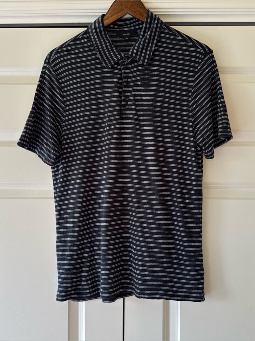 Vince - Mens Stripe Linen Polo - Coastal Optic White - Medium